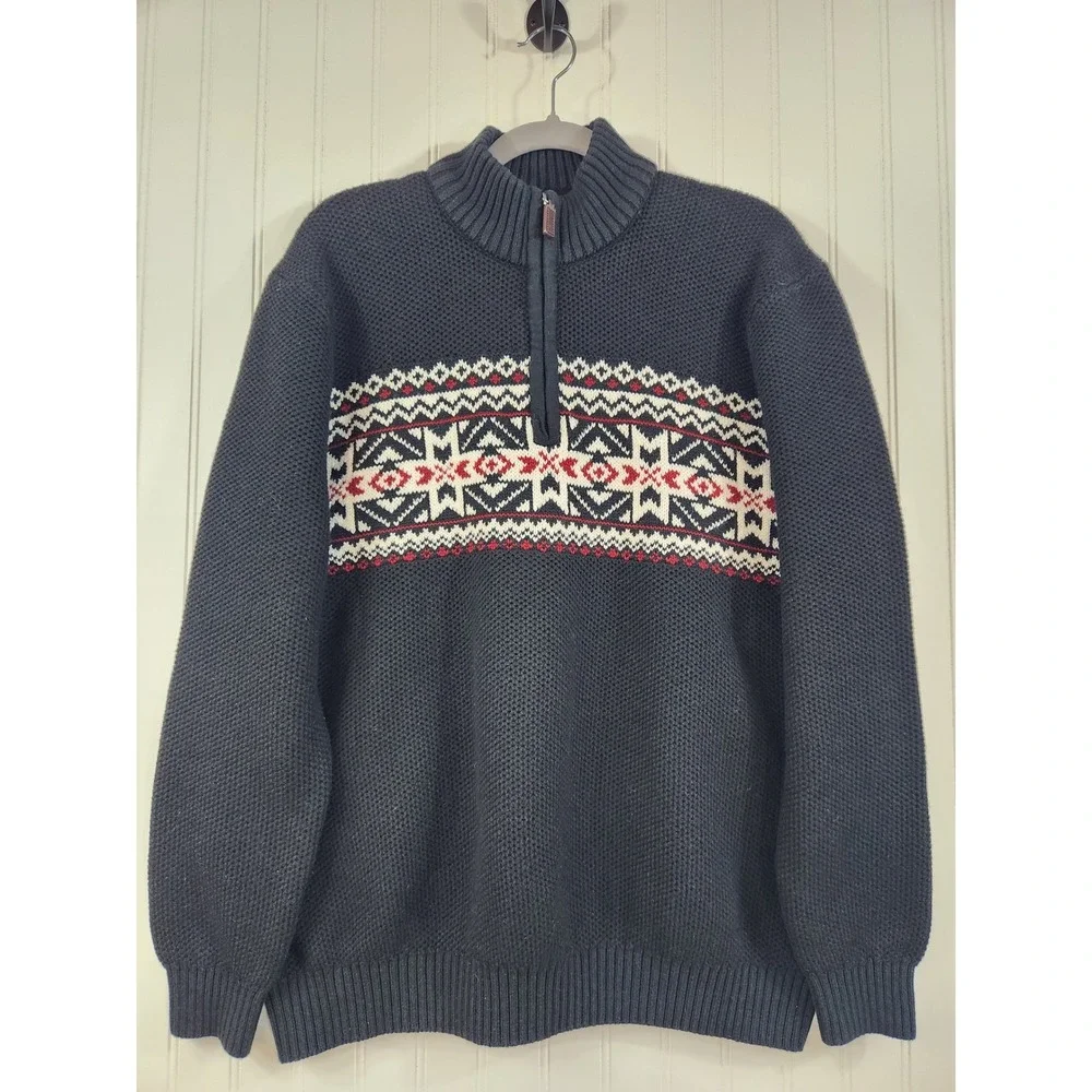 IZOD Mens XL 1/4 Zip Thick Sweater Navy Blue‎ Fair Isle Geometric Knit Pullover